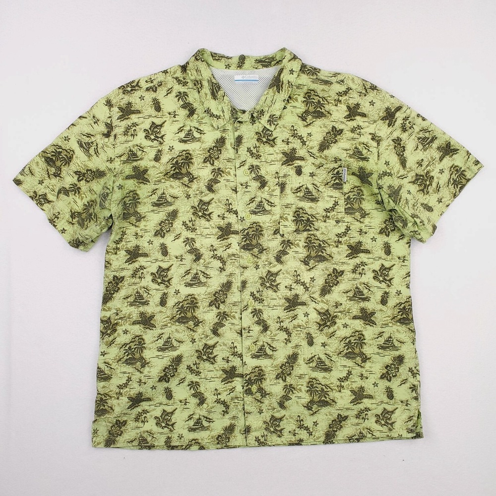 Columbia Shirt‎ Mens Extra Large Green PFG Hawaiian Floral Sailfish Vented Caped